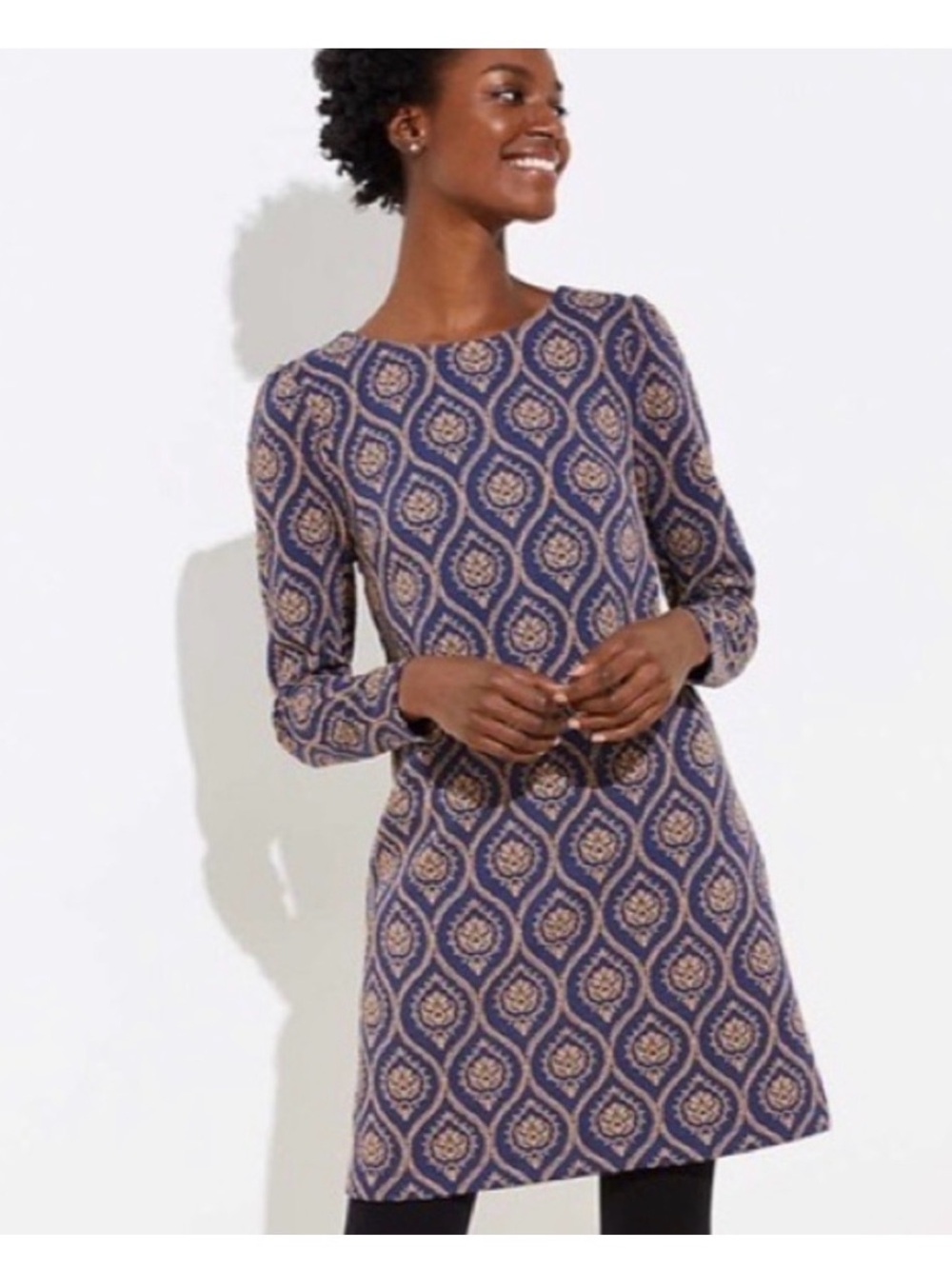 LOFT Navy and Beige Long Sleeve Patterned Shift Dress